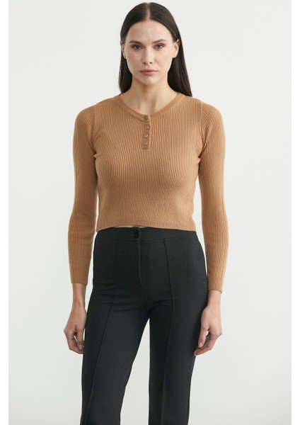 Fitilli Crop Triko Kazak - Karamel