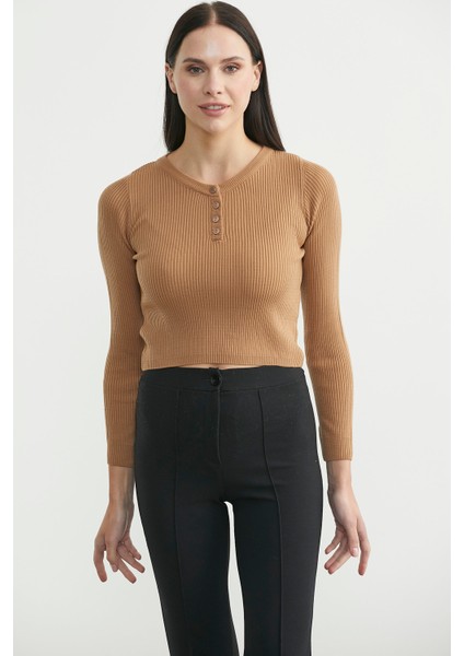 Fitilli Crop Triko Kazak - Karamel fiyatları