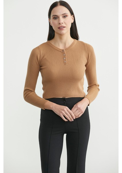 Fitilli Crop Triko Kazak - Karamel modelleri