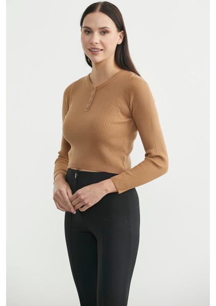 Fitilli Crop Triko Kazak - Karamel fırsatları