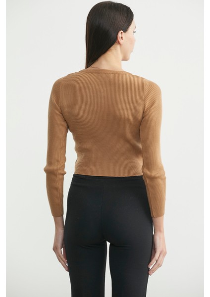 Fitilli Crop Triko Kazak - Karamel indirimleri