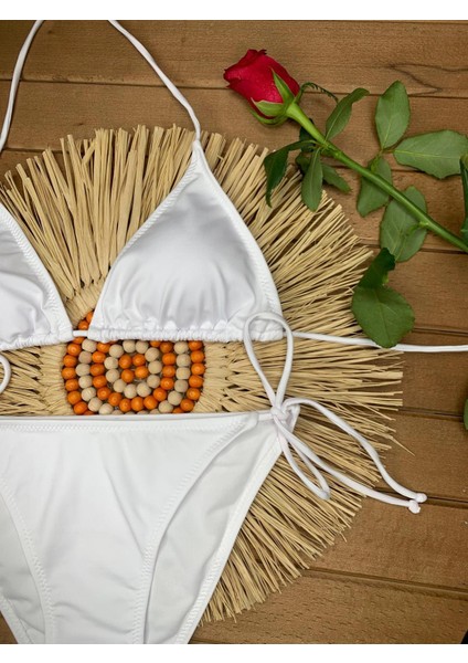 Kadın Likralı Esnek Yandan ve Boyundan Bağlamalı Şık Ipli Üçgen Bikini Takım fiyatları