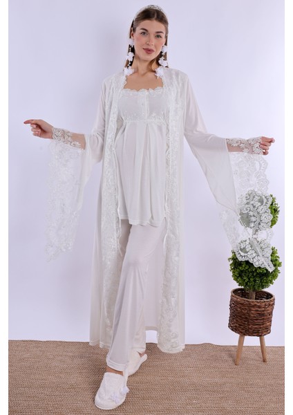 Ekru Sabahlıklı Hamile Lohusa Pijama Takımı