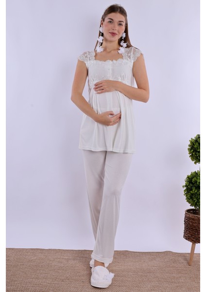 Ekru Sabahlıklı Hamile Lohusa Pijama Takımı fırsatları