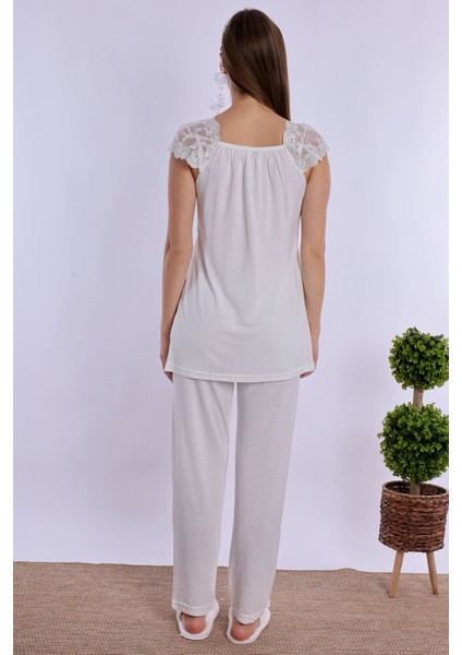 Ekru Sabahlıklı Hamile Lohusa Pijama Takımı