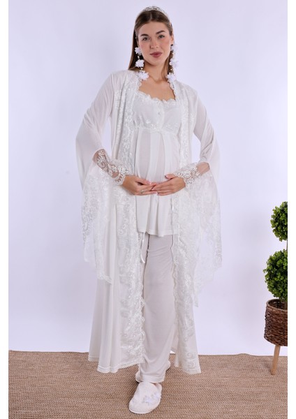 Ekru Sabahlıklı Hamile Lohusa Pijama Takımı