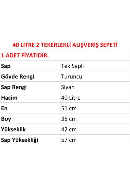 Tekerlekli Plastik Market Alışveriş El Sepeti 40 Litre Turuncu 1 Adet fiyatları