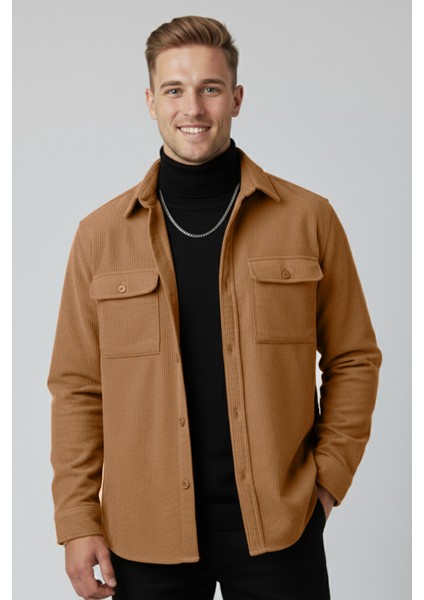 Camel Cepli Likralı Kadife Kumaş Rahat Kesim Erkek Gömlek – Yumuşak Dokulu, Şık Tasarım Gömlek 2600759