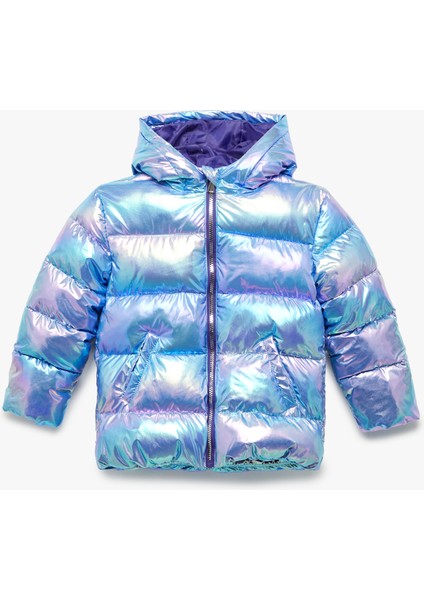 Kapşonlu Fermuarlı Parlak Şişme Mont