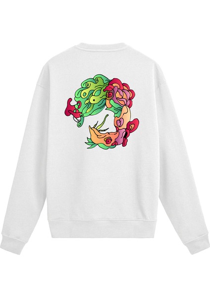 Sırt Baskılı Renkli Bitki Figürlü Sweatshirt