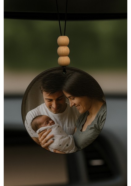 Kişiye Özel Resimli Fotoğraflı Suni Deri Ahşap Süslemeli Desenli Dikiz Aynası Süsü