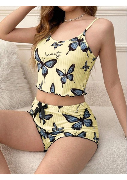 La Vıor Kadın Sarı Kelebek Desenli Askılı Şortlu Ribana Pijama Takımı,rahat ve Şık Ev Giyim,kadın Pijama