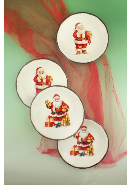 Santa Joy 4 Parça Akıtma Porselen Pasta Tabağı