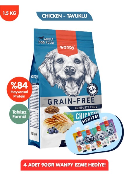 Hediyeli Tahılsız Tavuklu Yetişkin Köpek Maması 1,5 kg + 4lü Yaş Mama 90GR Hediyeli!