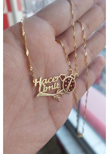 925 Ayar Gümüş 24 Ayar Altın Kaplama 2 Isimli Uğur Böcekli Kolye