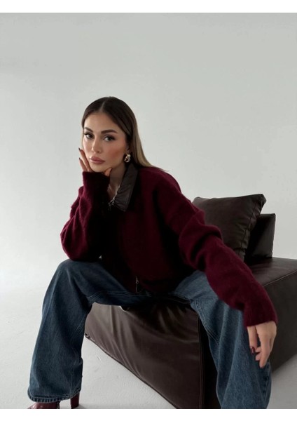 Deri Yakalı Pamuk Dokulu Çift Taraflı Çalışan Fermuar Ceket - Bordo fiyatları