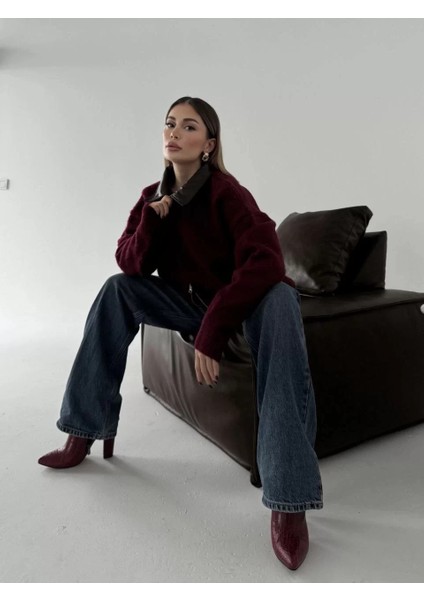 Deri Yakalı Pamuk Dokulu Çift Taraflı Çalışan Fermuar Ceket - Bordo modelleri