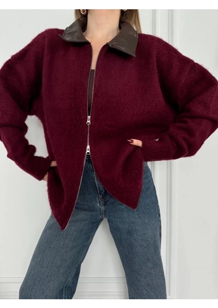 Deri Yakalı Pamuk Dokulu Çift Taraflı Çalışan Fermuar Ceket - Bordo indirimleri