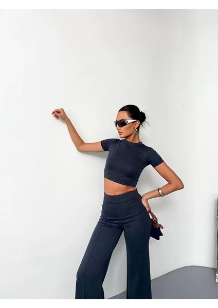 Osy Modal Yumuşak Dokulu Kumaş Kısa Kollu Crop Alt Ispanyol Paça Pantalon Ikili Takım - Füme fiyatları