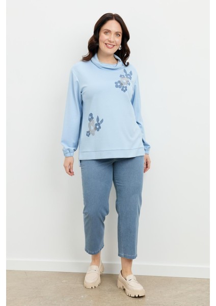 Büyük Beden Degaje Yaka Sweatshirt-Mavi