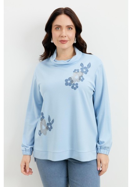 Büyük Beden Degaje Yaka Sweatshirt-Mavi fiyatları