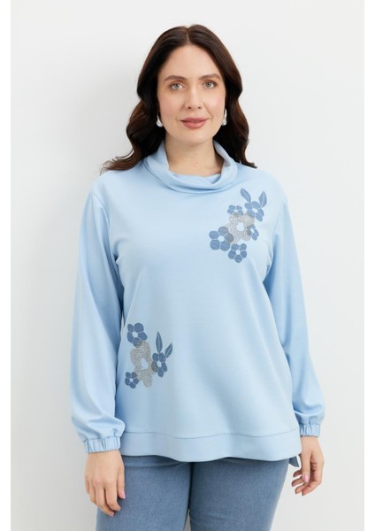 Büyük Beden Degaje Yaka Sweatshirt-Mavi modelleri