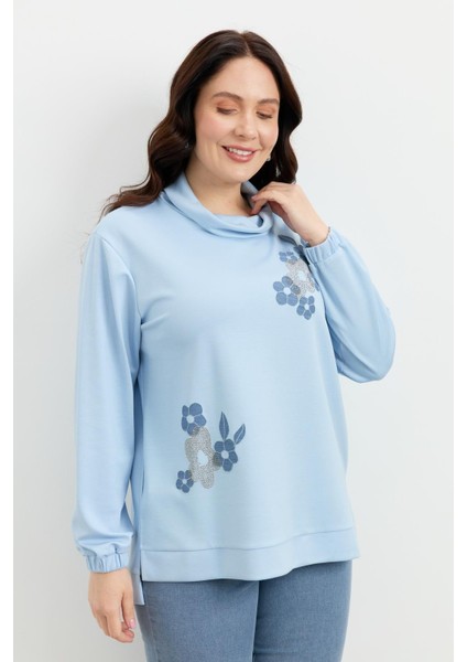 Büyük Beden Degaje Yaka Sweatshirt-Mavi fırsatları