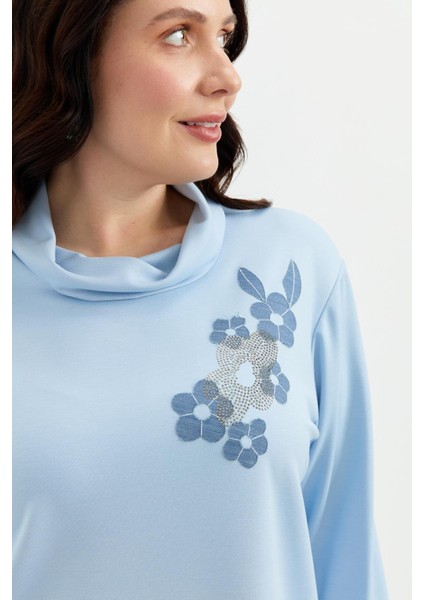 Büyük Beden Degaje Yaka Sweatshirt-Mavi indirimleri