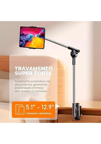 Profesyonel 12.9 Inçe Kadar Uyumlu Tablet Tutucu Yüksekliği Ayarlanabilir Kol ve Kendinden Açısı Ayarlanabilir 2 Eklemli 360 Derece Dual Turbo Auto Lock Siyah Renk ZM-050 (ZM-050) indirimleri