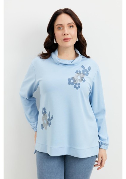 Büyük Beden Degaje Yaka Sweatshirt-Mavi