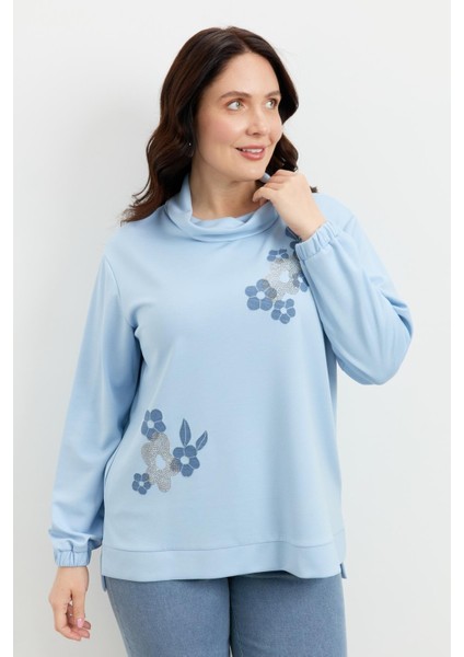 Büyük Beden Degaje Yaka Sweatshirt-Mavi