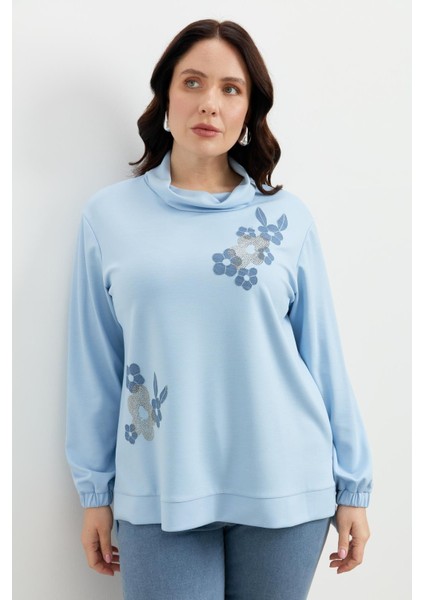 Büyük Beden Degaje Yaka Sweatshirt-Mavi