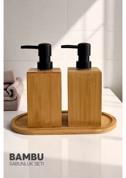 2li Kare Bambu Sabunluk Seti Hands Dishes Mutfak Banyo Sıvı Sabunluk 500ML Doğal Bambu Stantlı Set