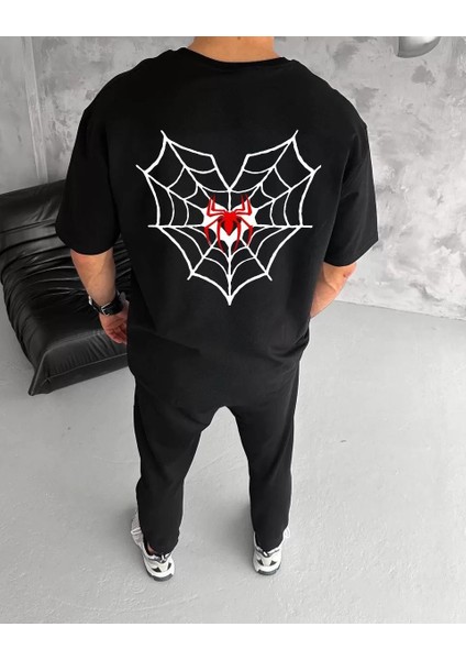 Unisex Bisiklet Yaka Baskılı Oversize T-Shirt - Siyah fiyatları