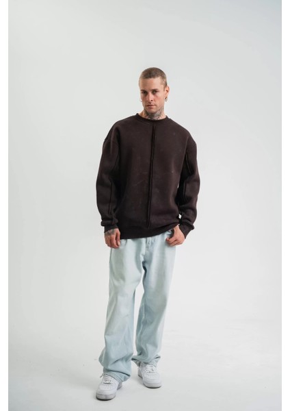 Unisex Bisiklet Yaka Özel Pis Dikişli Yıkamalı Sweatshirt - Kahve fırsatları