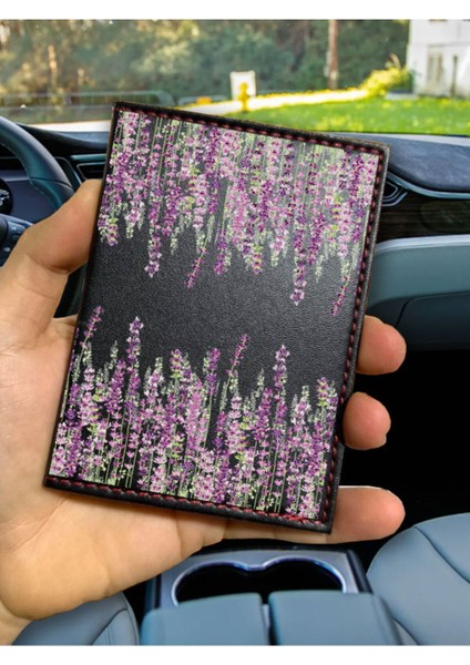 Desenli Ruhsat Kabı Logolu Oto Kılıfı Deri Dikişli Araç Ruhsat Koruyucu Lavender
