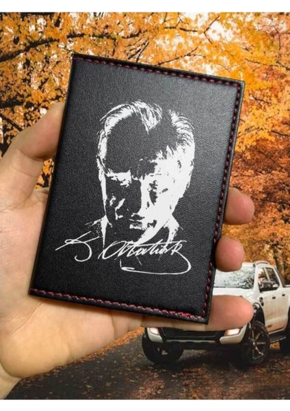 Atatürk Desenli Ruhsat Kabı Logolu Oto Ruhsat Kılıfı Vinleks Deri Dikişli Araç Ruhsat Koruyucu