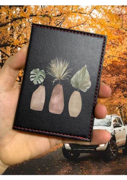 Floral Desenli Ruhsat Kabı Logolu Oto Ruhsat Kılıfı Vinleks Deri Dikişli Araç Ruhsat Koruyucu