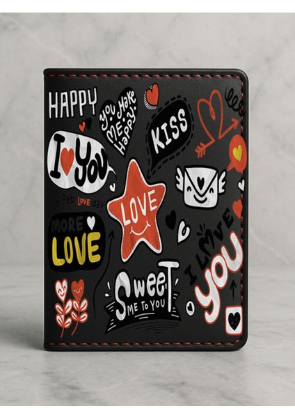 Ruhsat Koruyucu Baskılı Kart Bölmeli Siyah Vinlex Deri Ruhsat Kabı Kılıfı Love You