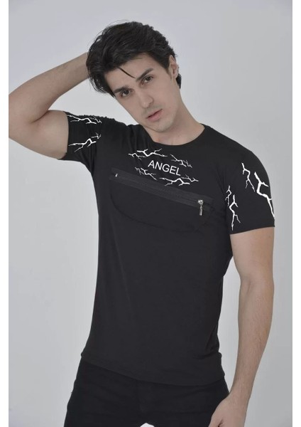 Unisex Göğüs Fermuarlı Baskılı T-Shirt - Siyah