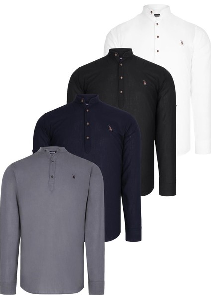 Dörtlü Set G783 Dewberry Hakim Yaka Gömlek-Siyah-Beyaz-Lacivert-Antrasit