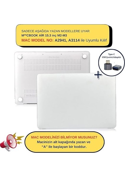 Macbook Air M2-M3 Kılıf 15 Inç Mat Kılıf (Touchıd'li Air M2-M3) A2941 A3114 ile Uyumlu Şeffaf fiyatları