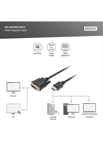 AK-330300-020-S HDMI Adaptör Kablosu, Tip A-Dvi(18+1) M/m, 2,0m, Full Hd, Bl modelleri