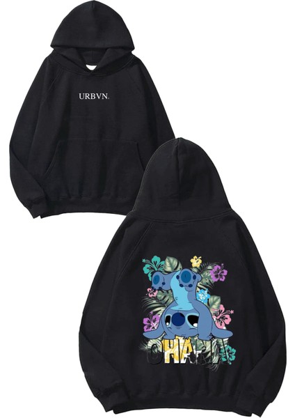 Ohana Tasarım Baskılı Oversize Siyah Kapüşonlu Sweatshirt