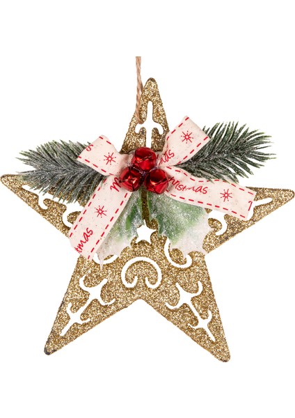 Yılbaşı Süsü, Yıldız, Yılbaşı Dekorlu, Simli, Gold - 10x13 cm
