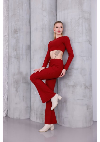 Kadın Ispanyol Paça Pantolon Uzun Kollu Parmak Geçirmeli Crop Takım