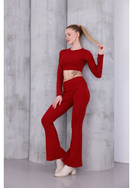 Kadın Ispanyol Paça Pantolon Uzun Kollu Parmak Geçirmeli Crop Takım fiyatları