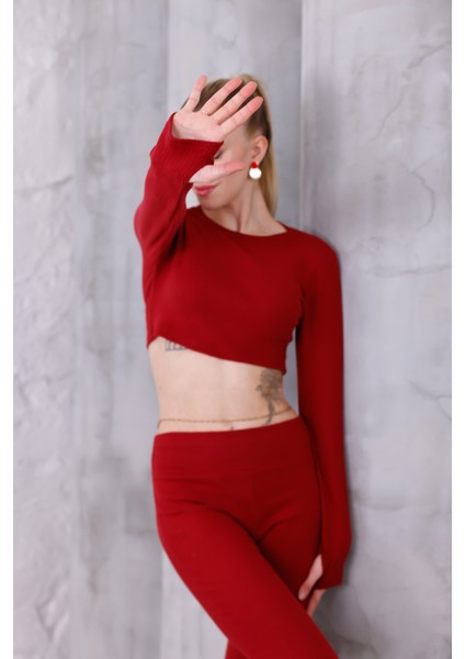 Kadın Ispanyol Paça Pantolon Uzun Kollu Parmak Geçirmeli Crop Takım