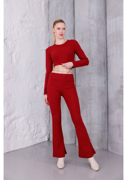 Kadın Ispanyol Paça Pantolon Uzun Kollu Parmak Geçirmeli Crop Takım