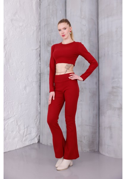 Kadın Ispanyol Paça Pantolon Uzun Kollu Parmak Geçirmeli Crop Takım